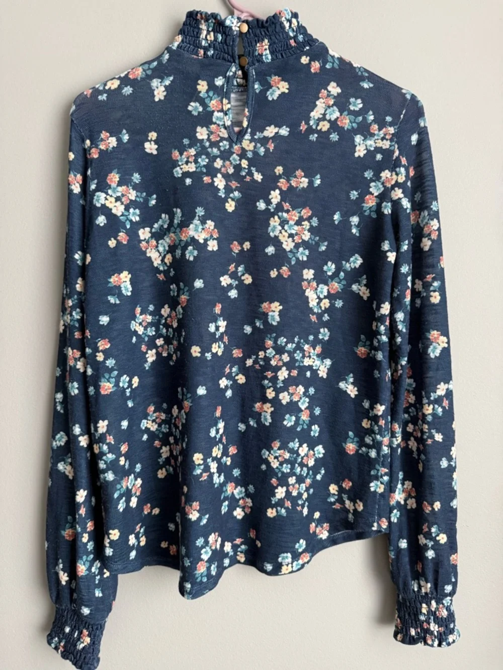 Y2K Floral Mock Neck Top Blue Long Sleeve Ruffle Soft Girl Coquette Size S